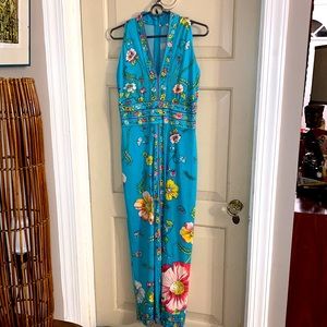 RARE VINTAGE MAURICE sz 6 Gorgeous back zip silky maxi dress blue floral print